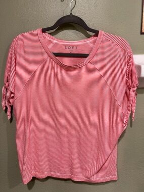 LOFT Red & White Striped Tie-Sleeve Short Sleeve Top